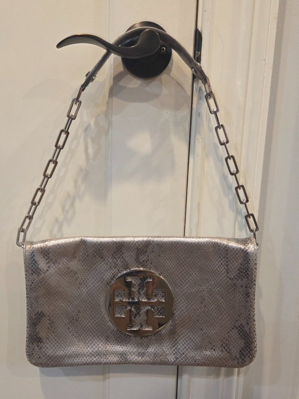 Tory Burch Metallic Silver Snakeskin Shoulder Bag / Clutch